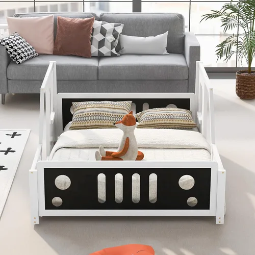 Vista 4 de SOFTSEA Cama Montessori de tamaño matrimonial con valla y puerta, plataforma de madera con ruedas para niños y niñas, soporte de listones de madera