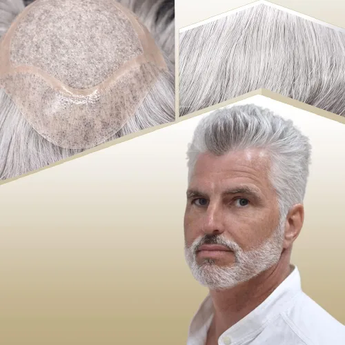 Vista 22 de Sistema de reemplazo de cabello humano para hombre, tupé para hombre, piel fina con parte superior de encaje mono y la parte trasera de poliuretano