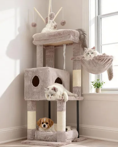 Vista 12 de Heybly - Árbol de gato con cepillo autolimpiante, torre de gato para interior con plataforma acolchada de felpa, casa de gato con cesta, poste