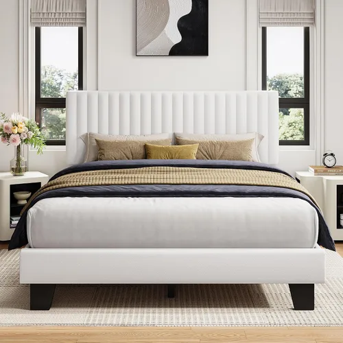 Vista 11 de iPormis Base de cama tamaño twin, cama de plataforma tapizada con cabecera de lino vertical, patas de cama anchas y soporte de listones de madera