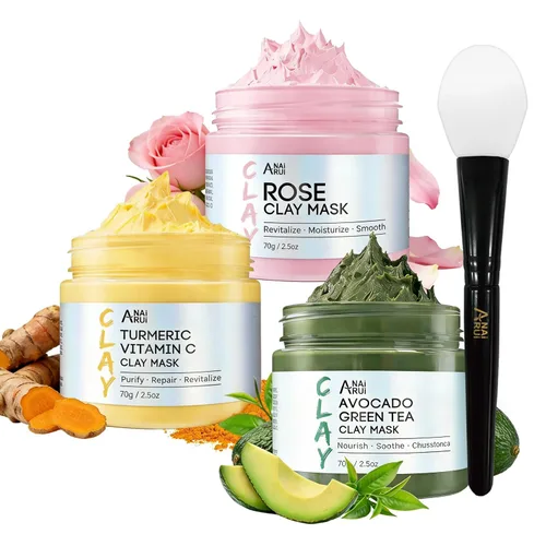 Vista 9 de ANAI RUI Juego de 3 mascarillas faciales – Máscara de arcilla de cúrcuma – Máscara facial de té verde – Máscara de barro del Mar Muerto para piel