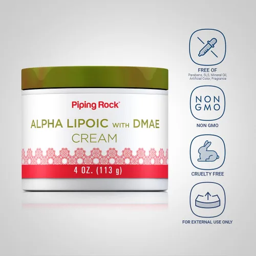 Vista 3 de Piping Rock Ácido alfa lipoico 4 onzas con crema DMAE Hidratante y reafirmante para la cara y la piel Sin OMG, sin gluten