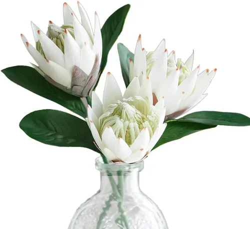 Vista 12 de Flores artificiales de seda falsa, Protea Cynaroides, arreglos florales de plástico, ramo de decoración para centros de mesa de boda, 3 piezas