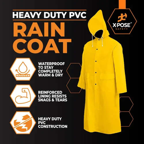 Vista 3 de Xpose Safety Chaqueta de Lluvia Pesada Amarilla de 0.35mm PVC, 122cm de Lluvia con Capucha Desmontable, Impermeable, para Pesca