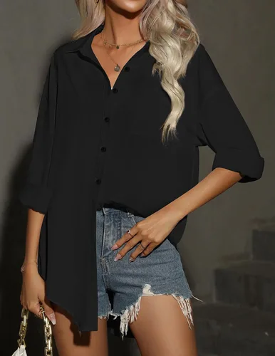 Vista 4 de HOTOUCH - Camisas con botones para mujer, con hombros caídos, estilo de gran tamaño, manga larga y bolsillo