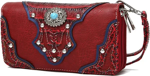 Vista 2 de Conchos tachonado cocodrilo corte láser vaquera Western monedero mujer cartera cartera, Borgoña, Cartera de pulsera estilo occidental para mujer