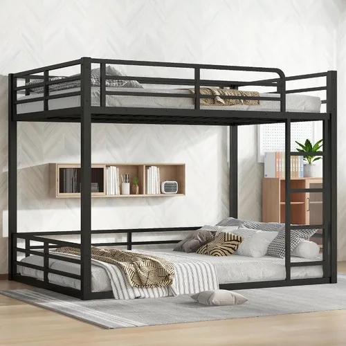Vista 22 de Litera de metal resistente de tamaño individual sobre matrimonial, con escalera integrada y barandilla de seguridad para niños, adolescentes