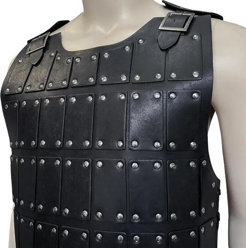 Vista 2 de HiiFeuer Armadura medieval de cuero con tachuelas, armadura de cuerpo mercenario vintage, piel sintética, armadura ajustable en el pecho