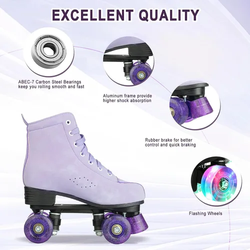 Vista 4 de YYW Patines de ruedas para mujeres y niñas, zapatos de tacón alto, patines de dos filas, brillantes, de cuatro ruedas, unisex, de piel sintética