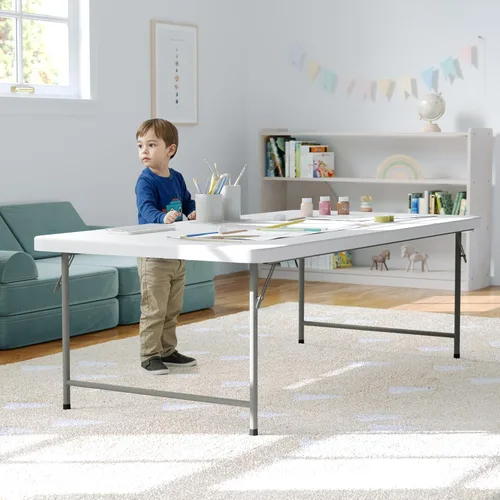 Vista 8 de EMMA + OLIVER Mesa de actividades plegable de plástico blanco granito para niños de 4.93 pies - Mesa de juego