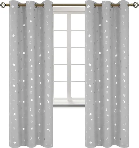 Vista 100 de BGment Cortinas opacas para dormitorio infantil, con aislamiento térmico, con ojales, estampado de estrellas plateadas, cortinas para oscurecer