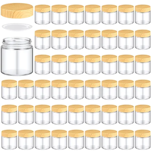 Vista 15 de Norme 120 tarros de vidrio de 4 onzas con tapas, recipientes de vidrio vacíos con tapas de grano de madera y revestimientos interiores