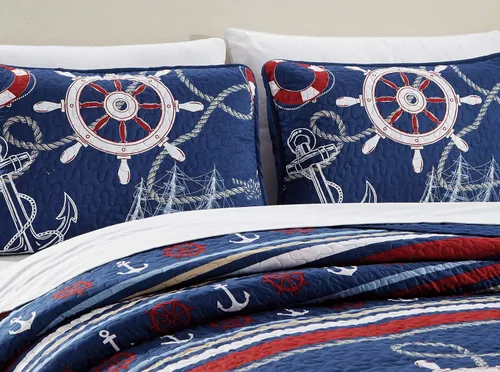 Vista 2 de Kids Zone Home Linen Juego de colcha azul marino, rojo, blanco, cuerda de buques, rayas de anclaje (individual/individual extra largo)