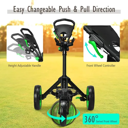 Vista 4 de Tangkula Carrito de golf con rueda delantera giratoria de 360°, carrito de golf plegable de aluminio de 3 ruedas, carrito de golf con correa