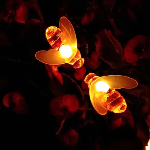 Vista 2 de Guirnalda de luces solares de abeja, 50 luces LED de cadena de abejas alimentadas por energía solar, luces de hadas de abeja para el hogar