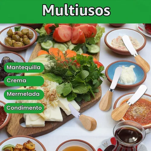 Vista 6 de 10 cuchillos esparcidores de queso, mini esparcidor de mantequilla con mango de madera, juego de cuchillos de queso de acero inoxidable para tabla