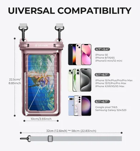 Vista 2 de Dexnor Bolsa impermeable IP68 para teléfono, funda universal 3D para teléfono celular con cordón ajustable de doble gancho para iPhone 15 14 13 12
