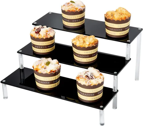 Vista 6 de BYCY Soporte de exhibición de acrílico negro, soporte de exhibición de perfumes, soporte de postres de 3 niveles, elevadores de exhibición