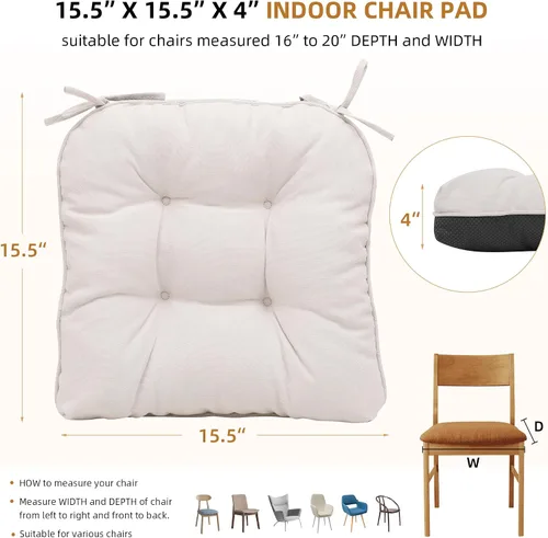 Vista 3 de RACE LEAF Cojines para sillas de comedor, paquete de 4 unidades, almohadillas de espuma viscoelástica para sillas de cocina con lazos y respaldo
