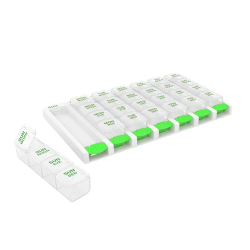 Vista 9 de EZY DOSE Semanal (7 días) 4 veces al día, organizador de pastillas con botón pulsador y planificador de vitaminas, pastilleros diarios extraíbles