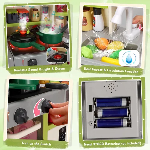 Vista 3 de Juego de cocina para niños, cocina de juego Easface para niños pequeños de 1 a 3 años con sonido y luz, estufa de cocina con vapor, fregadero