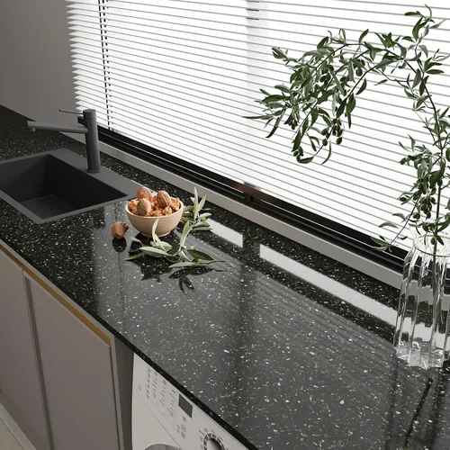 Vista 2 de CHIHUT Papel adhesivo de granito negro dorado para encimeras de cocina, papel tapiz de mármol impermeable, autoadhesivo de granito para encimera