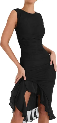 Vista 2 de Chloefairy Vestido de verano para mujer, sin mangas, espalda descubierta, dobladillo con volantes, estilo sirena, cóctel, elegante