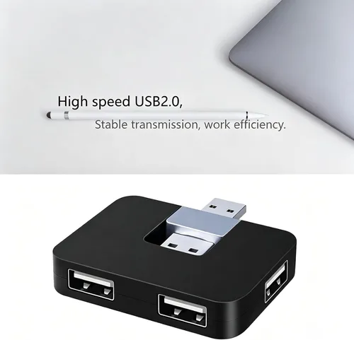 Vista 4 de Concentrador USB 2.0, 4 puertos mini en forma de U de transferencia de datos para PC portátil, de escritorio, Plug and Play, negro