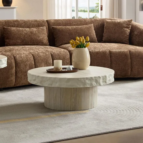 Vista 4 de JUSTONE Mesa de Centro Redonda para Sala de Estar, Mesa de Acento Moderna de 31.5 Pulgadas con Acabado de Piedra Artificial Beige Desgastado, Mesa
