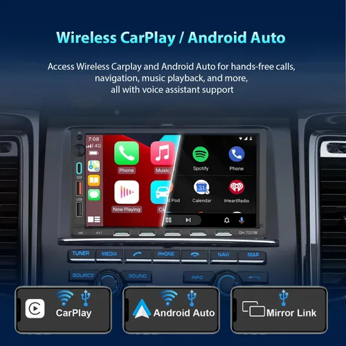 Vista 3 de Estéreo para coche de doble din, 7 pulgadas, pantalla táctil inalámbrica CarPlay/Android Auto Bluetooth AM/FM Radio Mirror Link Tipo-C USB