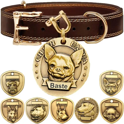 Vista 15 de Collar de cuero auténtico para perro + Juego de etiqueta para perro bulldog con relieve 3D (XS-S)