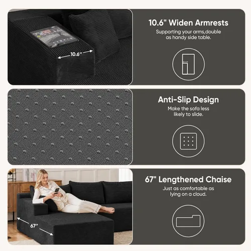 Vista 6 de Sofás seccionales negros para sala de estar, sofá sin estructura rígida con chaise en forma de L, sofá modular en caja con asiento profundo,