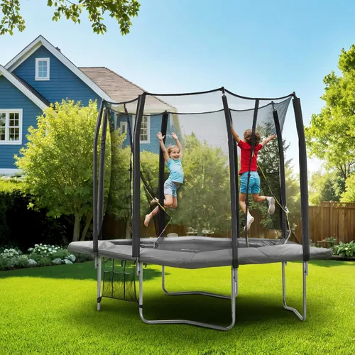 Vista 6 de Exacme Trampolín Rectangular de 7 x 10, 8 x 12, 9 x 14 Pies para Niños, Aberturas de Cerramiento Dobles, Trampolín Rectangular Pequeño para Gris