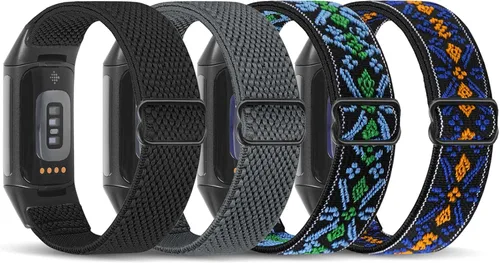 Vista 11 de enkic Bandas elásticas de nailon compatibles con Fitbit Charge 5, paquete de 4 correas elásticas suaves y ajustables, transpirables, correa