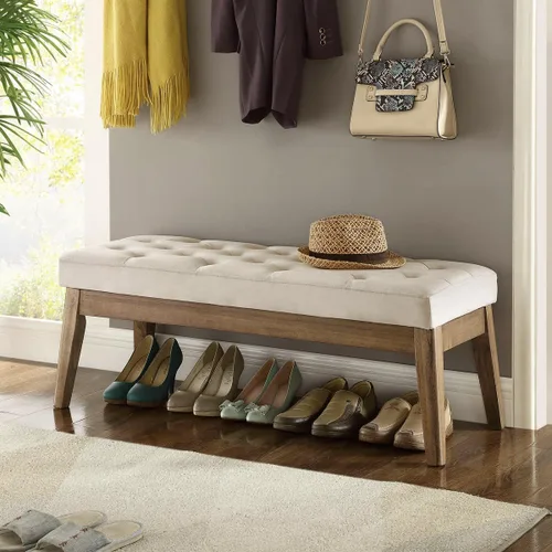 Vista 4 de 24KF Banco de Entrada Tapizado en Terciopelo con Botones Capitoné con Patas de Madera Maciza, Banco de Cama Otomano con Asiento Acolchado, 5034-Taupe