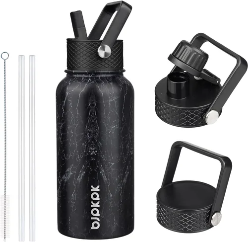 Vista 21 de BJPKPK Botellas de Agua Aisladas con Tapa de Pajita, Botella de Agua de Acero Inoxidable de 18oz, Termo Frío Caliente con 3 Tapas, Vaso de Viaje a