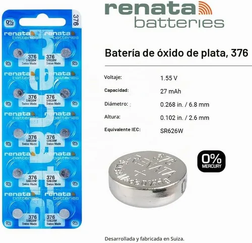 Vista 2 de Renata 376 SR626W Baterías – 1.55 V Óxido de Plata 376 Batería de reloj (2 unidades)