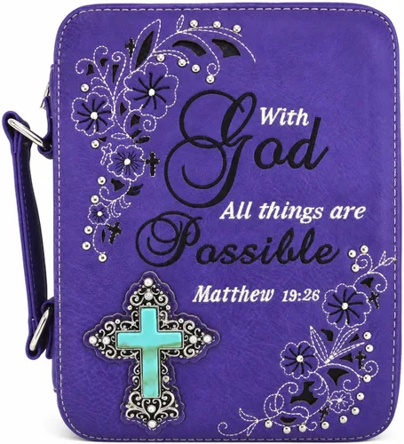 Vista 10 de Funda de la Biblia con versículo bordado de estilo occidental para mujer, bolsa de mensajero con correa extra Turquoise Cross, Full-Zip Protection
