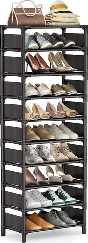Vista 12 de Zapatero vertical estrecho y alto para entrada de puerta frontal, organizador de zapatos de metal resistente de 10 niveles para armario y entrada