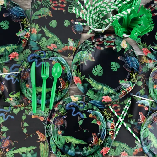 Vista 5 de KEFAN Decoraciones de fiesta de reptiles, lagartos de vida silvestre, serpientes, cocodrilos, suministros de vajilla para fiesta, incluyendo Fondo
