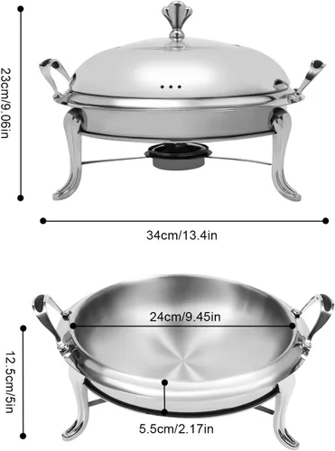 Vista 7 de Plato redondo para rozar, de acero inoxidable, para bufé, 2.5 L, calentadores de bufé con soporte de combustible (9.4 in dorado)