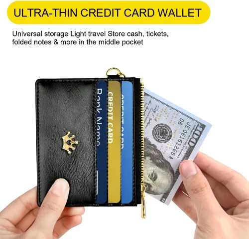 Vista 5 de URAQT Cartera para tarjetas de crédito, cartera minimalista de cuero delgado con cremallera, mini protector de tarjeta de crédito, llavero bolsillo