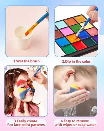 Vista 5 de Lictin Pintura Facial a Base de Agua - Kit de Pintura Facial de 18 Colores con Plantillas y Brochas, Kit de Maquillaje de Halloween para Adultos