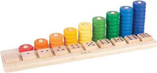 Vista 3 de Kaplan Early Learning - Tabla de madera natural para apilar y clasificar con discos de conteo coloridos y cuadrados de doble cara con números del 1