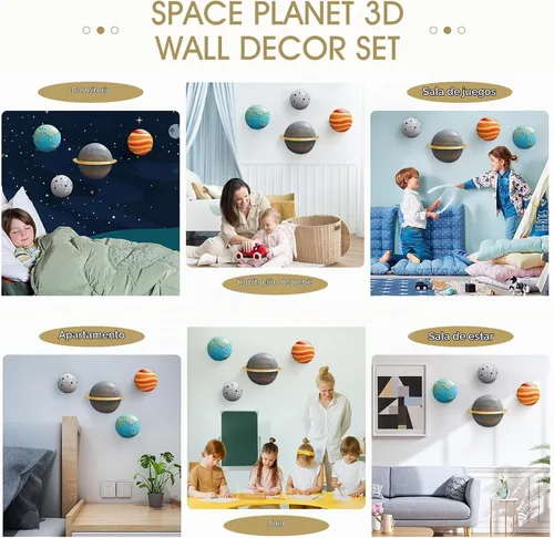 Vista 6 de 4 piezas de decoración de pared de planetas del espacio exterior – Esculturas de pared 3D modernas para sala de estar y dormitorio – Decoración