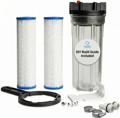 Vista 8 de Sistema de filtro de agua fría, carcasa de 10 pulgadas con puertos NPT de 3/4 pulgadas, filtros plisados de 1 × 50 micrones, kit de montaje y llave
