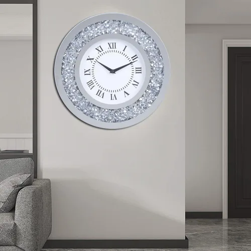 Vista 7 de Reloj de pared grande con espejo plateado brillante brillante brillante con diamantes para decoración de pared, espejo de cristal plateado