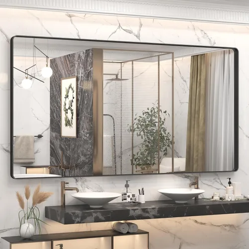 Vista 33 de Paquete de 2 espejos de baño con marco de metal negro de 22 x 30 pulgadas, espejo rectangular redondeado negro mate, antioxidante, se cuelga