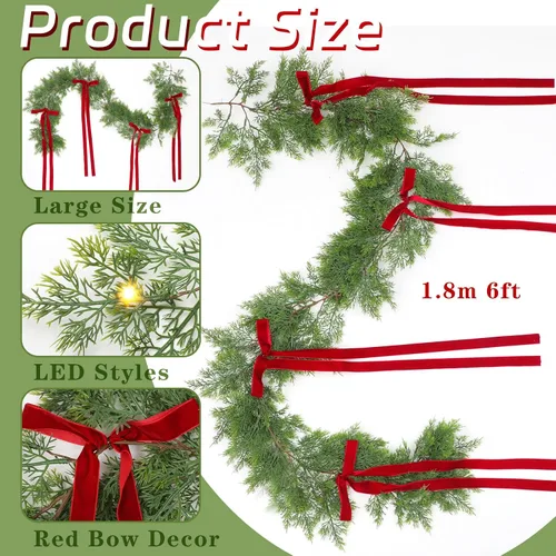 Vista 2 de Guirnalda de cedro de Navidad de 1.8 m con lazo rojo, guirnaldas de pino artificiales iluminadas con luces blancas, vegetación artificial de toque
