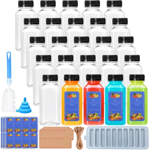 Vista 8 de Flrolove Paquete de 36 botellas de jugo de 4 onzas, botellas de plástico para jugo con tapas, recipientes vacíos transparentes con tapas para jugos
